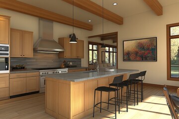 Modern kitchen island design, sunlit interior, open-plan living, autumnal artwork