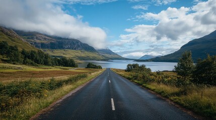 Naklejka premium Serene Road Through Highland Landscape Under Clear Blue Sky