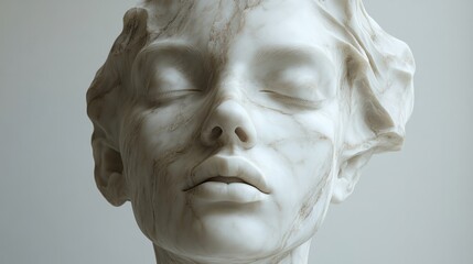A marble sculpture head with fine details, set against a minimalistic white background, emphasizing classical elegance 