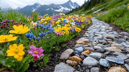 Obraz premium Mountain Wildflower Trail, Hiking Path, Blooming Flowers, Scenic View, Nature Background