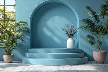 Blue wall with a green plant growing from it in a modern indoor setting