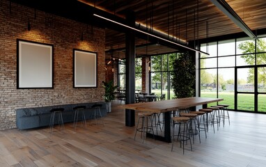 Naklejka premium Modern Open Space Office Interior Design Featuring Wood Finishes and Natural Light in Urban Setting