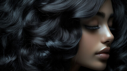 Fototapeta premium Close-Up of a Woman with Shiny Black Wavy Hair – Perfect for Beauty, Haircare, and Fashion Advertisements, Salon Branding, and Cosmetic Product Promotions