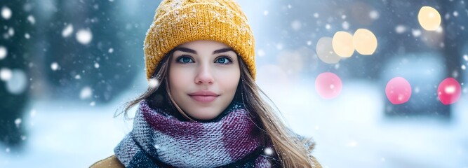 A woman wearing a beanie and scarf walking down a snow-covered street