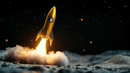 Naklejka premium golden rocket launching with cryptocurrency logo against cosmic backdrop