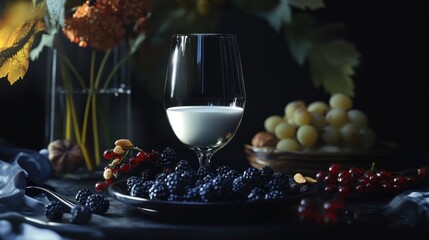 Autumnal still life milk, berries, grapes. Food photography for recipe blogs