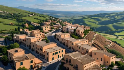 Obraz premium A high-angle view shows a village with terracotta roofs nestled in a hilly landscape. 