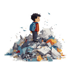 a child is among a dirty mountain of rubbish