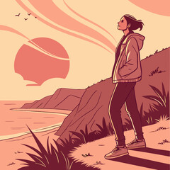 Person Watching The Sunrise against a coastal landscape