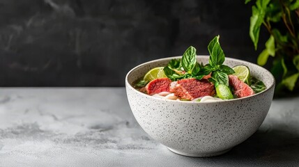 Fresh Vietnamese Pho Bowl with Tender Beef, Rice Noodles, Lime, Mint, and Green Vegetables on a Grey Background