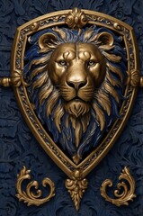 A majestic 3D metallic coat of arms featuring a golden lion against a rich blue background. This regal emblem symbolizes strength, nobility, and heritage with intricate detailing.