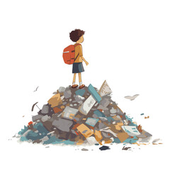 a child is among a dirty mountain of rubbish