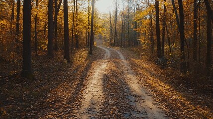 Obraz premium Serene Autumn Pathway Through Golden Forest with Sunlight Shine