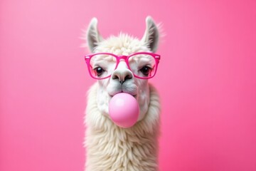 Portrait of adorable alpaca wearing pink glasses on bright pink background, chewing pink gum and blowing bubble gum