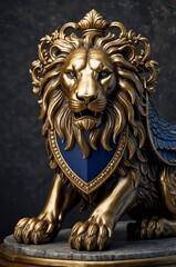 Fototapeta premium A majestic 3D metallic coat of arms featuring a golden lion against a rich blue background. This regal emblem symbolizes strength, nobility, and heritage with intricate detailing.