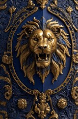 A majestic 3D metallic coat of arms featuring a golden lion against a rich blue background. This regal emblem symbolizes strength, nobility, and heritage with intricate detailing.