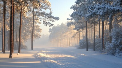 Naklejka premium Serene Winter Landscape with Snow-Covered Trees and Road