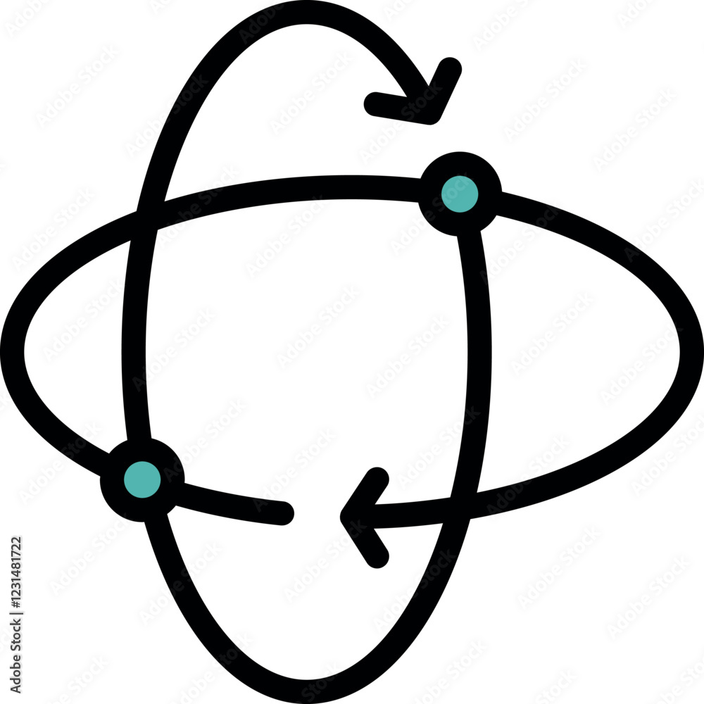 Poster simple elliptical orbit icon representing two arrows rotating around two points, ideal for illustrat