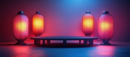 Fototapeta premium Neon-lit platform with lanterns, studio backdrop