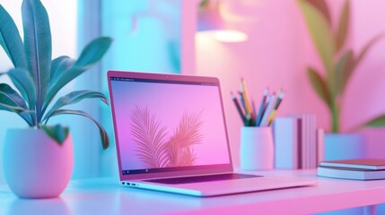 A picture of a laptop placed on a desk at home, a comfortable work corner in pastel pink tones.