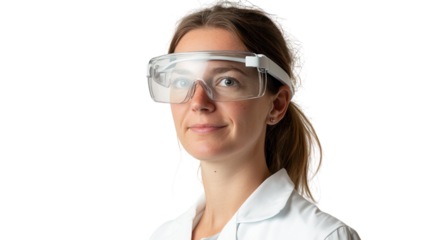 Woman wearing protective goggles in a laboratory setting during a scientific research project focused on safety protocols