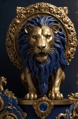 Obraz premium A majestic 3D metallic coat of arms featuring a golden lion against a rich blue background. This regal emblem symbolizes strength, nobility, and heritage with intricate detailing.