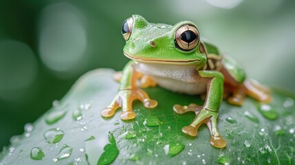 Fototapeta premium Green Tree Frog on Dew-Kissed Leaf: A vibrant green tree frog, with captivating large eyes, perches serenely on a dew-covered leaf, creating a captivating close-up nature scene. 