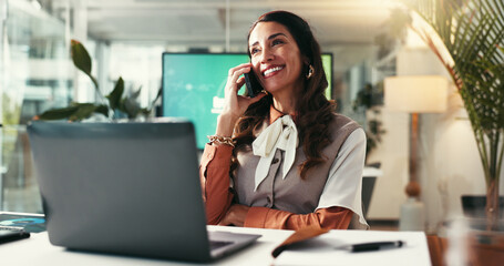 Phone call, creative and woman in office, talking and communication for publishing of ebook or...
