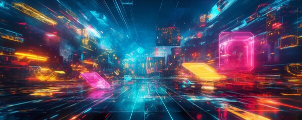 Colorful abstract depiction of a futuristic city with glowing neon lights and bold geometric shapes, sci-fi theme