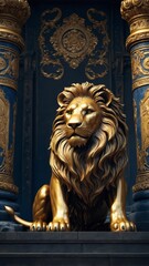A majestic 3D metallic coat of arms featuring a golden lion against a rich blue background. This regal emblem symbolizes strength, nobility, and heritage with intricate detailing.
