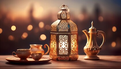Elegant Ramadan Kareem Background with Lanterns, Crescent Moon, and Floral Patterns in Gold and Blue