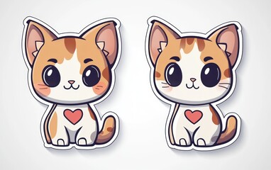 Two cute cartoon kittens, sitting, white background, Valentine's Day sticker