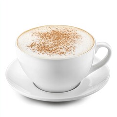 Cinnamon cappuccino, coffee cup, saucer, white background, cafe beverage
