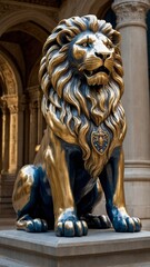 A majestic 3D metallic coat of arms featuring a golden lion against a rich blue background. This regal emblem symbolizes strength, nobility, and heritage with intricate detailing.