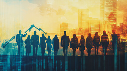 Abstract business team stands on the peak of success amid tall, innovative Smart city and graphs with statistics to analyze business potential and predict future developments in company growth.