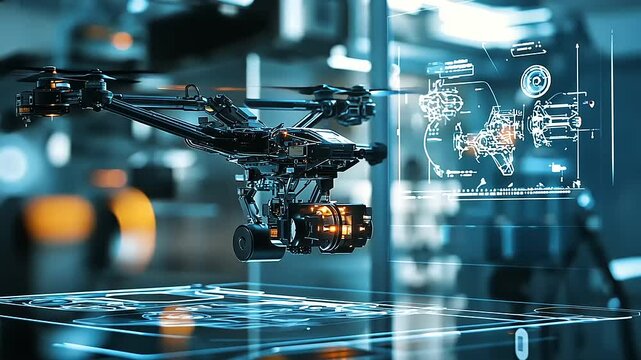 A futuristic drone hovering above a transparent display showcasing technical schematics in a lab