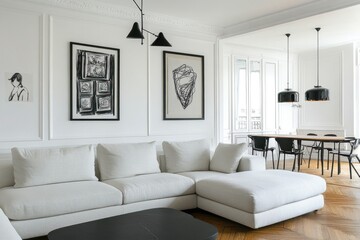 Modern minimalist living room with white sectional sofa, black accents, and hardwood floors.