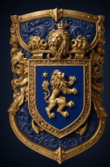 A stunning 3D golden coat of arms featuring a noble lion, set against a rich blue background. This regal emblem symbolizes power, prestige, and heritage with intricate metallic detailing.