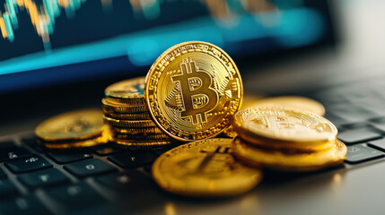 stack of golden coins representing cryptocurrency laptop keyboard, symbolizing digital finance and investment opportunities