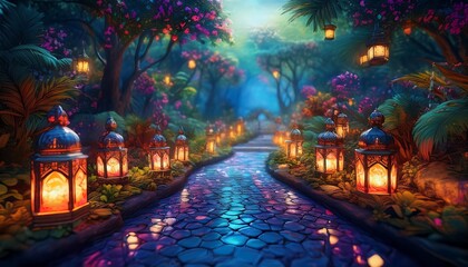 Elegant Ramadan Kareem Background with Lanterns, Crescent Moon, and Floral Patterns in Gold and Blue