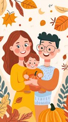 Happy family autumn portrait, pumpkins, leaves