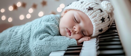 Baby sleeping peacefully on piano keys, wearing cozy knit hat and sweater, surrounded by soft lights, showcasing innocence and childhood dreams in serene atmosphere.