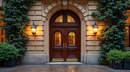 Fototapeta premium Grand dark oak door with brass handles in Sydney's heritage building