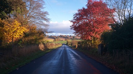 Obraz premium Serene Country Road Surrounded by Autumn Foliage and Scenic Views
