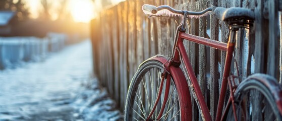 Obraz premium Bicycle leaning against wooden fence during sunrise in winter, showcasing urban lifestyle, frosty path, and outdoor exploration in cold weather.