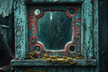 A weathered teal window frame with peeling paint, showing moss and lichen growth, hinting at age and decay.
