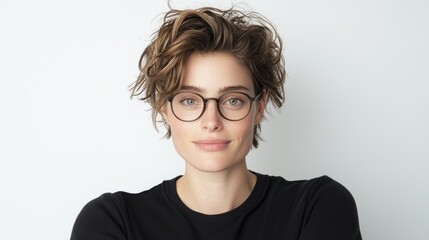 Obraz premium Portrait of Young Woman with Curly Brown Hair and Black Round Glasses