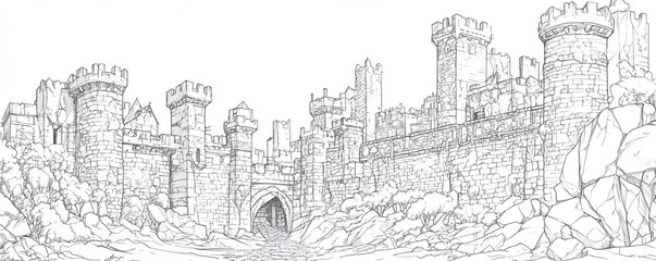 Fototapeta premium Detailed line art of a medieval fortress with towers, walls, and intricate stone textures, monochromatic design