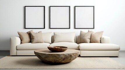 Modern living room with white sectional sofa, wooden coffee table, and empty frames on wall for decoration