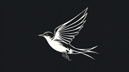 A simple white line art illustration of a swallow bird in flight, in a vector style with a flat design, on a black background